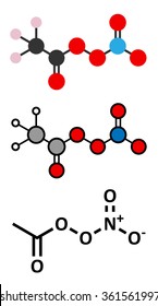 Peroxyacetyl nitrate (PAN) pollutant molecule. Secondary pollutant, found in photochemical smog. Further decomposes into peroxyethanol radical and nitrogen dioxide.