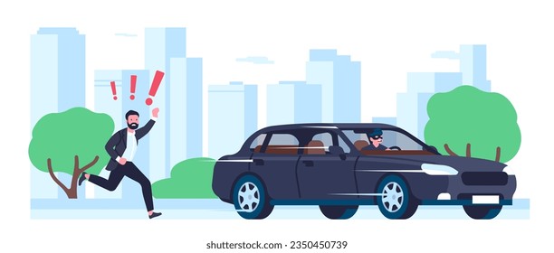 Perpetrator drives away in stolen car. Owner chases him through town. Automobile theft. Angry man running after vehicle. Guy pursuing thief. Gangster stealing transport