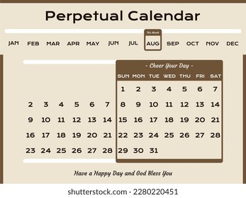 a perpetual calendar design, can be used at any time. can be printed and made for sale, from wood and is very durable, brown, or can be cutsom. use it by shift the month and date according to actual