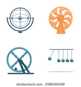 Perpetual energy icons set cartoon vector. Mechanical perpetual motion machine. Invention, device