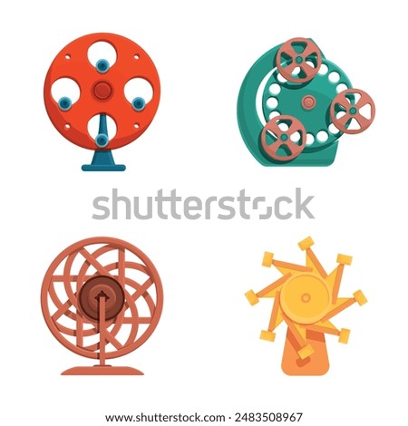 Perpetual machine icons set cartoon vector. Different perpetual motion machine. Invention, device