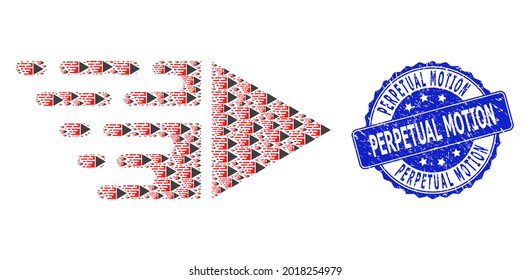 Perpetual Motion rubber round seal imitation and vector recursive mosaic motion. Blue seal has Perpetual Motion text inside round shape. Vector mosaic is formed of repeating motion items.