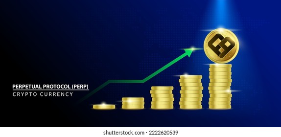 Perpetual Protocol (PERP) Coin crypto on blue background. Stablecoin blockchain token price increase from pile of gold coins.There is space to enter message. Nice for cryptocurrency digital money.