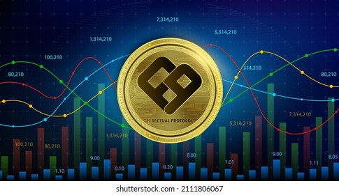 Moneda de protocolo perpetuo (PERP) criptodivisa blockchain. Tecnología de reemplazo digital futura moneda alternativa, gráfico de acciones doradas plateado, números arriba en segundo plano. Ilustración vectorial 3D.