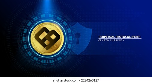 Perpetual Protocol (PERP) coin gold. Cryptocurrency blockchain. Future digital (crypto currency) currency replacement technology concept. On blue background. 3D Vector illustration.