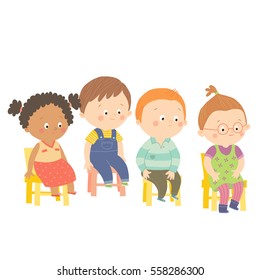 Perplex preschool children sitting on chairs.