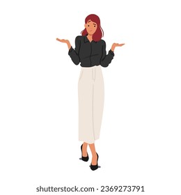 Perplexed Businesswoman, Shoulders Shrugged, Wearing A Puzzled Expression As She Navigates A Maze Of Complex Decisions And Uncertain Choices In The Corporate World. Cartoon People Vector Illustration