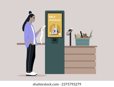A perplexed character double-checking their paper receipt at a self-service checkout register in a manager-less supermarket store