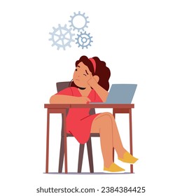 Perplexed Child Character Sit At The Desk with Laptop. Puzzled Expression Mirrors The Confusion Of Navigating The Digital World. Confused Little Girl Solve Question. Cartoon People Vector Illustration