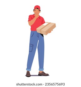 Perplexed Courier Male Character Holds A Package, Scanning The Address With A Puzzled Expression. Deliveryman Lost In Thought, Uncertain About The Destination. Cartoon People Vector Illustration