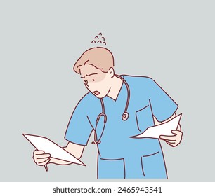 Doctor Perplejo Leyendo El Decepcionante Resultado Del Test Médico. Ilustraciones de diseño de Vector dibujado a mano.