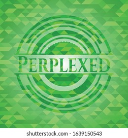 Perplexed green emblem with triangle mosaic background. Vector Illustration. Detailed.