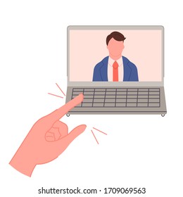 Perplexed hand shows on man in the laptop vector illustration cartoon flat design 