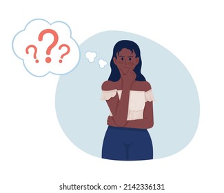 Perplexed lady 2D vector isolated illustration. Questioning and pensive flat character on cartoon background. Uncertain woman frowns colourful scene for mobile, website, presentation