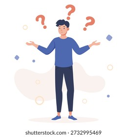 A perplexed man in a blue shirt and pants shrugging with question marks above his head, symbolizing uncertainty, doubt, questions, and seeking information or answers.