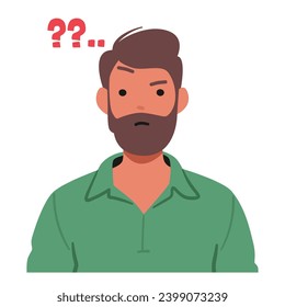 Perplexed Man, Eyebrows Furrowed, Contemplates A Swirl Of Emotions, His Eyes Searching For Answers Within The Intricate Tapestry Of His Introspective Thoughts. Cartoon People Vector Illustration