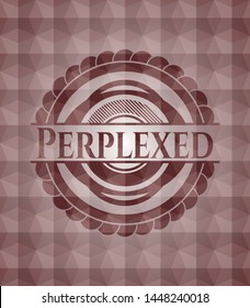 Perplexed red emblem or badge with abstract geometric pattern background. Seamless.