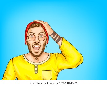 Perplexed, shocked or surprised hipster man in glasses holding hand on head, opens his mouth being amazed pop art vector illustration on blue background. Unbelievable big sale concept with copyspace