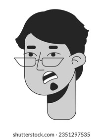 Joven perplejo monocromo cabeza de carácter lineal plana. El tipo con gafas de moda con barba. Icono de la cara humana dibujado a mano de esquema modificable. Ilustración de avatar de vector spot de caricatura 2D para animación