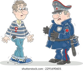 Perplexed young man walking past an annoyed and suspicious cop while patrolling on a street, vector cartoon illustration isolated on a white background