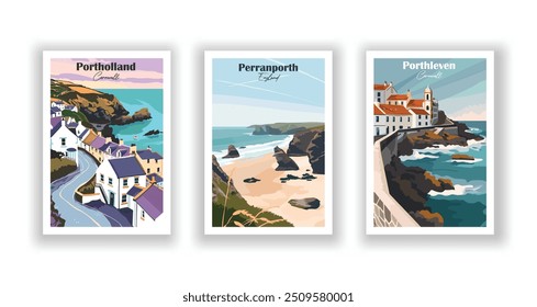 Perranporth, England, Porthleven, Cornwall, Portholland, Cornwall - Vintage travel poster. Vector illustration