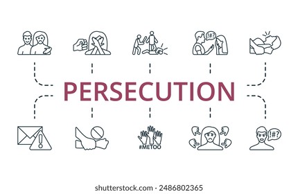 Conjunto de iconos de contorno de persecución. Iconos creativos: acoso sexual, violencia, palizas, abuso, violación, carta amenazante, alto al acoso, metoo, bullying, odio.