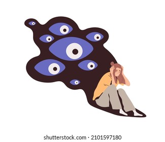 Persecutory delusions of person with mental health problems. Paranoid concept. Obsessive woman in panic, suffer from fears and anxiety. Flat graphic vector illustration isolated on white background