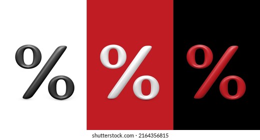 Persentage signs set. 3D percent on white red and black background. Rebate symbol. Vector illustration