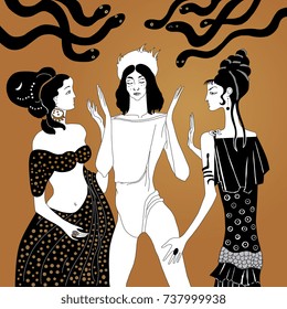 Persephone and Aphrodite arguing about Adonis. Greek mythology archetypes. Vector illustration. Based on hand drawn original style art. Smartly layered. 