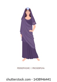 Persephone or Proserpina - goddess of underworld, springtime, flowers and vegetation from ancient Greek and Roman religion. Female mythological character or deity. Flat cartoon vector illustration.