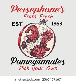 Persephone's Pomegranates Retro Bookish Shirt, Greek Goddess ,Greek Mythology Graphic Tee.  food fashion for t-shirt, sweatshirt print design, women's graphic tee , vintage retro fruit design.