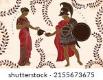 Perseus and Andromeda. Ancient Greek mythological story about salvation. A young slender ancient Greek woman in tunic with a jug pouring water into a bowl for a warrior in armor with a shield.