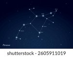Perseus constellation featuring labeled stars in a glowing, star filled night sky.