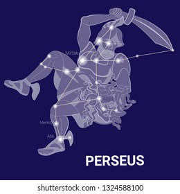 Perseus constellation, stars and greek hero illustration