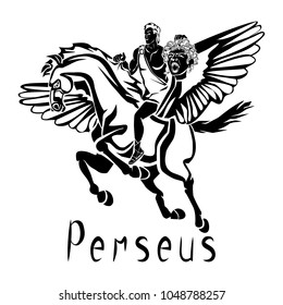 Perseus with the Gorgon's head in his hands riding a Pegasus winged horse in Greek mythology black vector illustration isolated on a white background