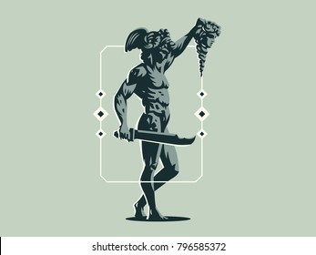 Perseus holds the head of the Gorgon Medusa. Vector emblem.