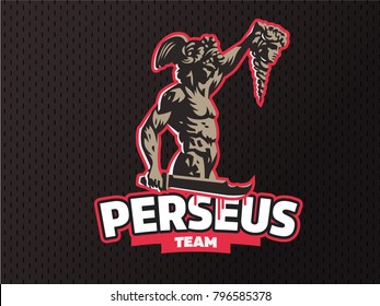 Perseus holds the head of the Gorgon Medusa. Vector emblem.
