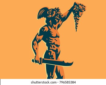 Perseus holds the head of the Gorgon Medusa. Vector emblem.