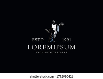 perseus logo design inspiration. In one hand the head of man in the other hand a sword.