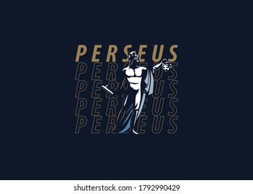 perseus logo design inspiration. In one hand the head of man in the other hand a sword.