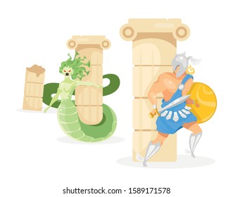 Perseus and Medusa flat vector illustration. Hero fighting fantastical creature. Half-woman, half-serpent monster. Greek mythology. Fight scene isolated cartoon character on white background