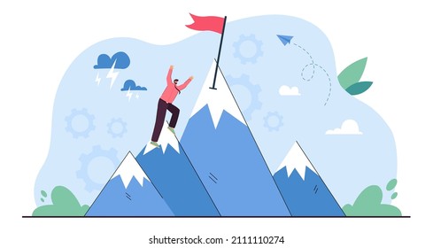 Perseverance in achieving business goal of businessman. Tiny brave man climbing mountain top to flag with effort and belief of victory flat vector illustration. Ambition, success strategy concept