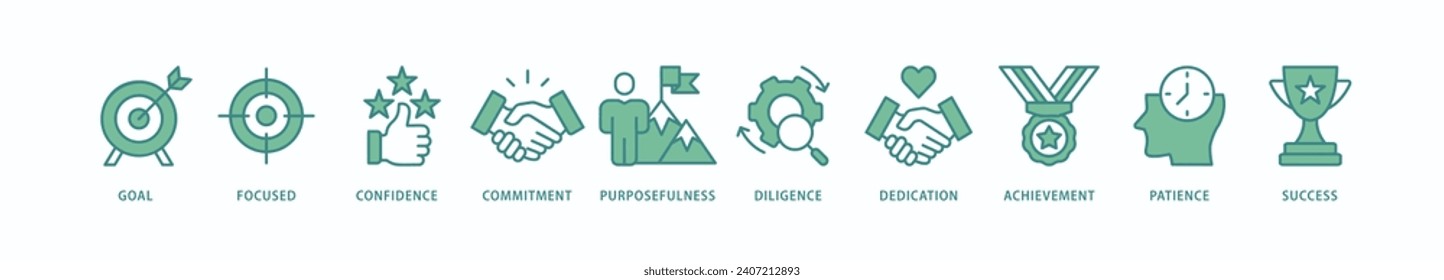 Perseverance banner web icon vector illustration concept with icon of goal, focused, confidence, commitment, purposefulness, diligence, dedication, achievement, patience and success