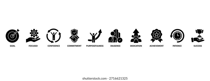Beharrungsbanner Web-Symbol Vektorgrafik-Konzept mit Symbol des Ziels, konzentriert, Vertrauen, Engagement, Zielstrebigkeit, Fleiß, Hingabe, Leistung, Geduld und Erfolg