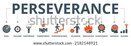 Perseverance banner web icon vector illustration concept with icon of goal, focused, confidence, commitment, purposefulness, diligence, dedication, achievement, patience and success Foto d'archivio © 