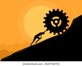 Perseverance. businessman pushes the gear up the hill 