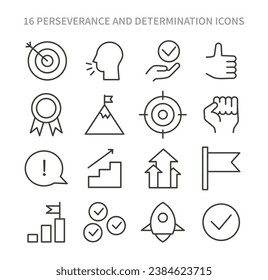 Perseverance and Determination icon set. A collection of symbols representing goals, achievements, and the journey of resilience. Essential elements for motivational themes. Flat vector illustration