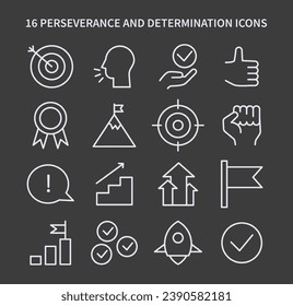 Perseverance and Determination icon set. A collection of symbols representing goals, achievements, and the journey of resilience. Essential elements for motivational themes. Flat vector illustration