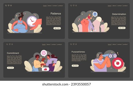 Perseverance and Determination set. Various characters embodying strength and focus. Achieving goals, cultivating patience, and building confidence. Flat vector illustration.