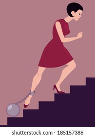 Perseverance. Determined Woman Climbing The Stairs With A Cannon Ball Chained To Her Leg